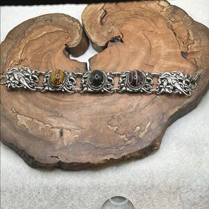 VTG Art Nouveau Tiger Eye Cat Eye Falcon Eye Silvertone Panel Bracelet